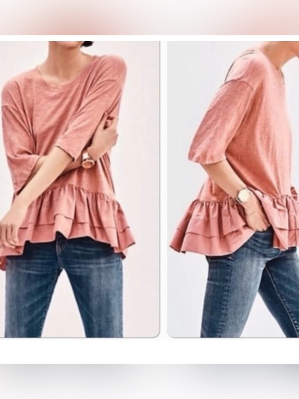 Anthropologie Akemi + Kin Coral Pink Ruffle Hem Cascade Peplum Top Boho S